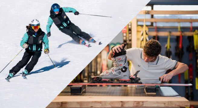 Split_1 GETEILTES BILD: SKILEHRER FÄHRT MIT SCHÜLER AUF DER PISTE, DANEBEN MITARBEITER IM SKIVERLEIH BEIM EINSTELLEN DER SKI FÜR EINEN KUNDEN